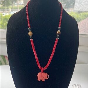 Red Braided Necklace with Elephant Pendant